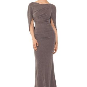 NEW! Betsy & Adam Metallic Taupe Drape Back Trumpet Gown Size 14